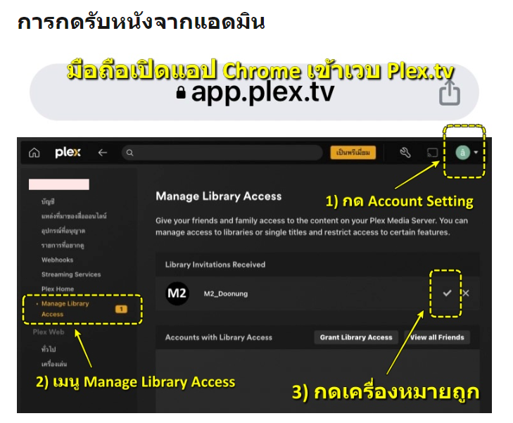 วิธีการกดยอมรับการแชร์บนหน้าเว็บ Plex.tv